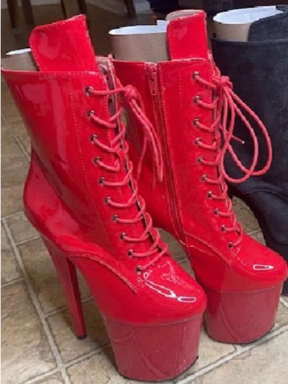 Red High-Platform Lace-Up Ankle Boots - Women